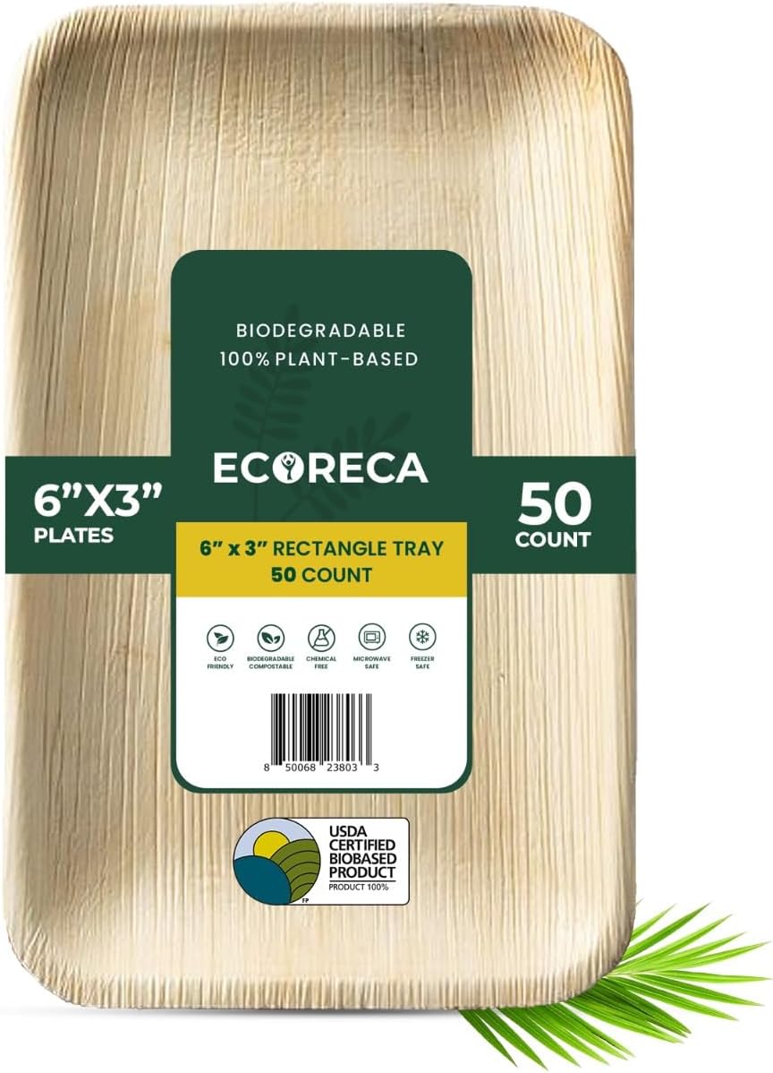 6x3 Inch Rectangle Compostable Palm Leaf Plates (50-Pack) Disposable for Appetizers Bamboo-Style Eco-Friendly Biodegradable Plates for Parties, Weddings & Catering | Camping Essentials.