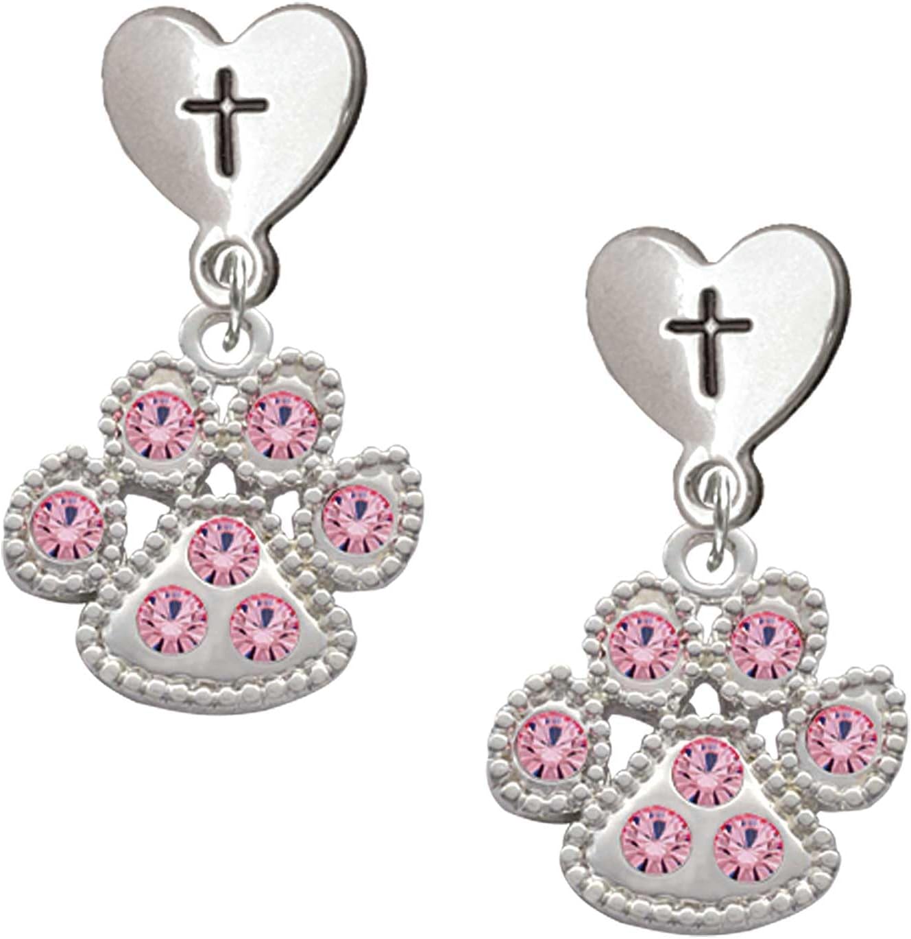 Delight Jewelry Silvertone Large Paw with Crystals Cross in Heart Post Dangle Earrings