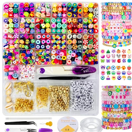 3000 Stuck Perlen für Armbänder, Buchstabenperlen, Polymerton Perlen zum Auffädeln, Goldene Spacer Beads, Armbänder Selber Machen, Geeignet für Halsketten, Schmuck Selber Machen Set