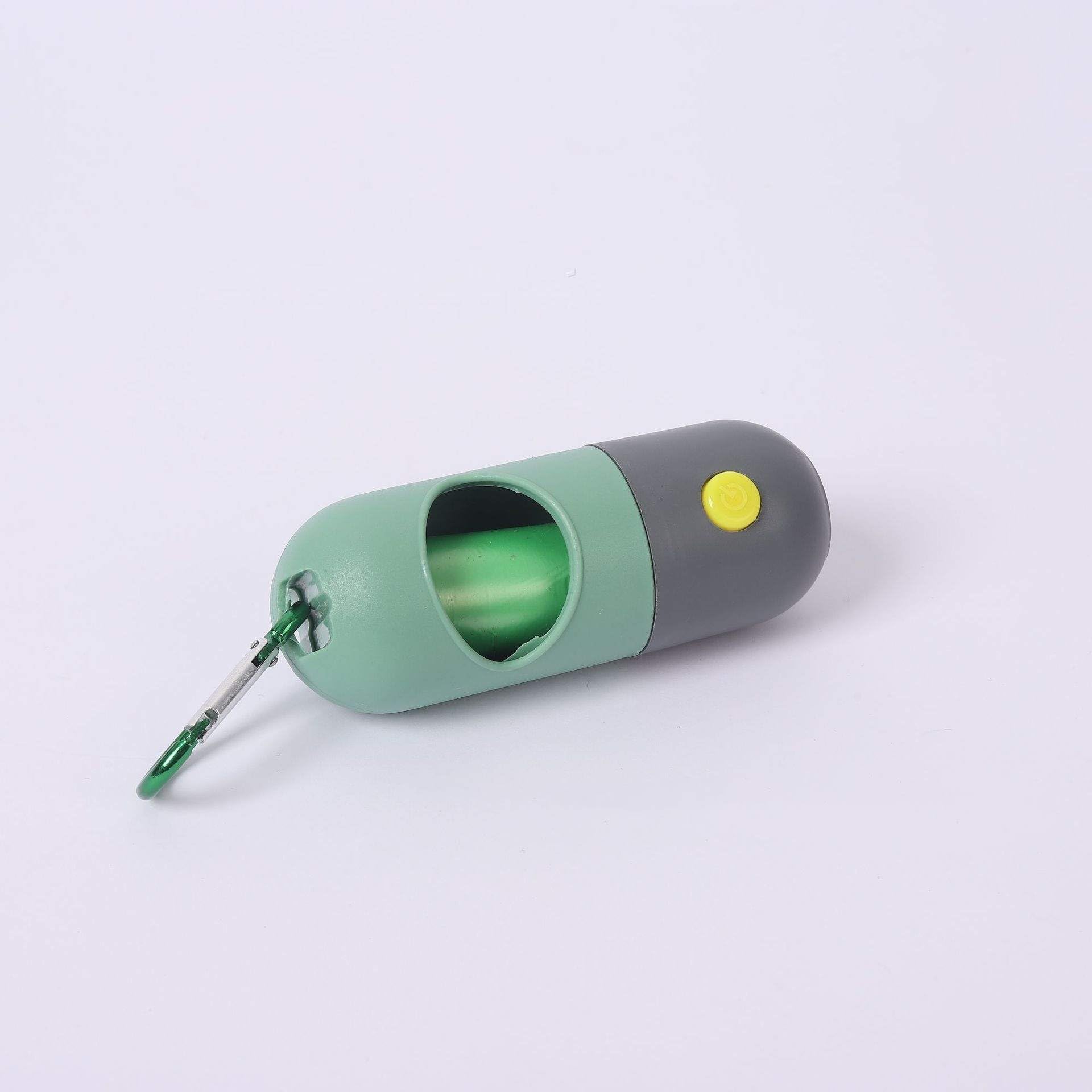 Dog Poop Bag Dispenser With Leash Click, Built-in Flashlight, and Extra Roll (Green)