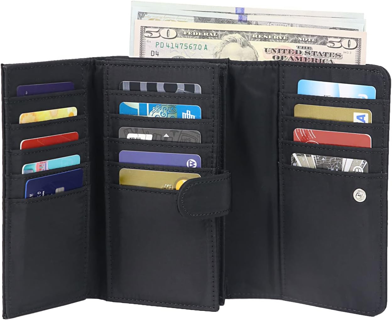 Fanna Small Compact Wallet for Women, Large Capacity Multi Card Clutch Organizer with Zipper Pocket (Black)