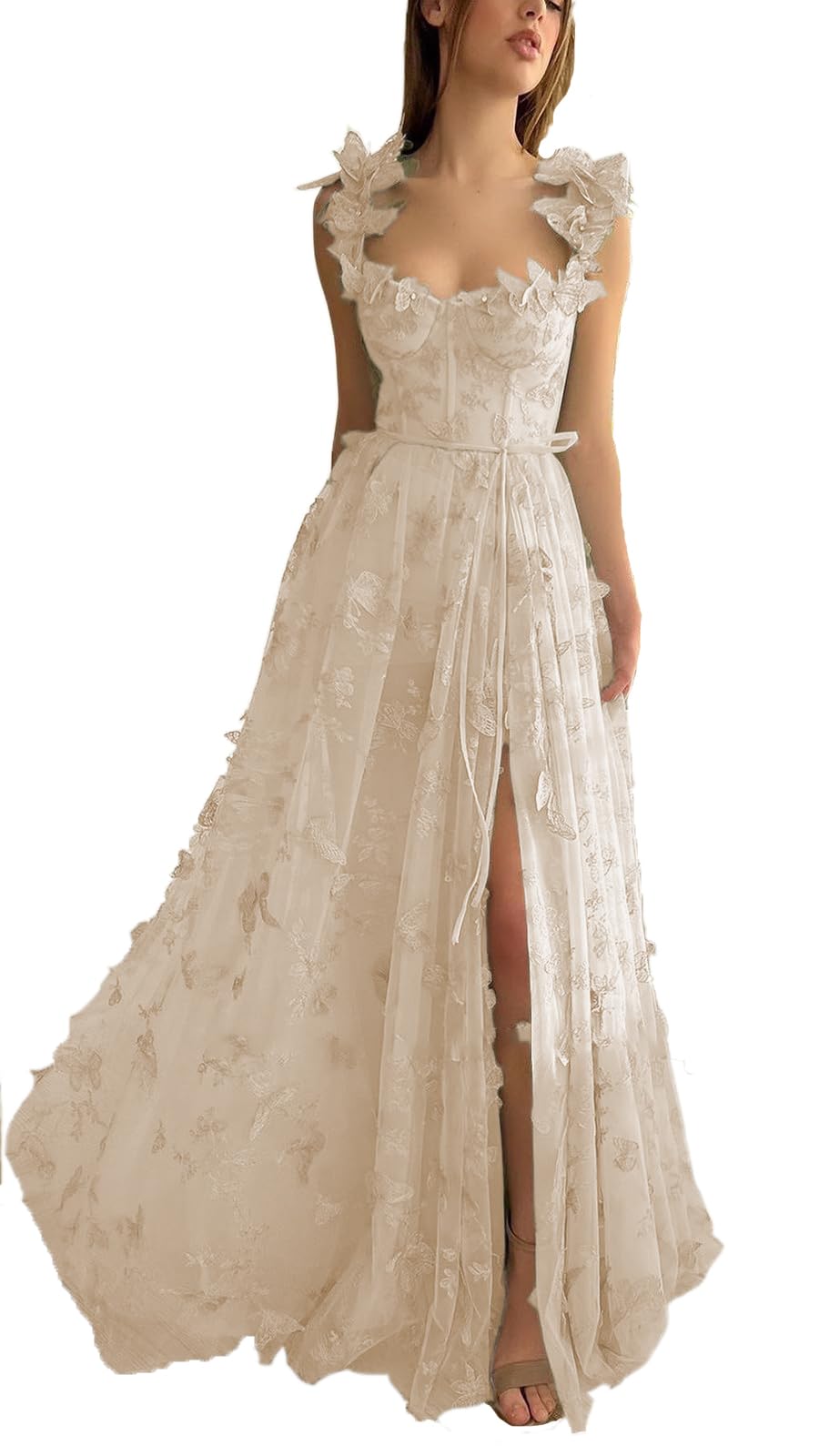 EmmaniWomen's Tulle 3D Butterfly Lace Applique Prom Dress Spaghetti Straps High Split Ball Gown