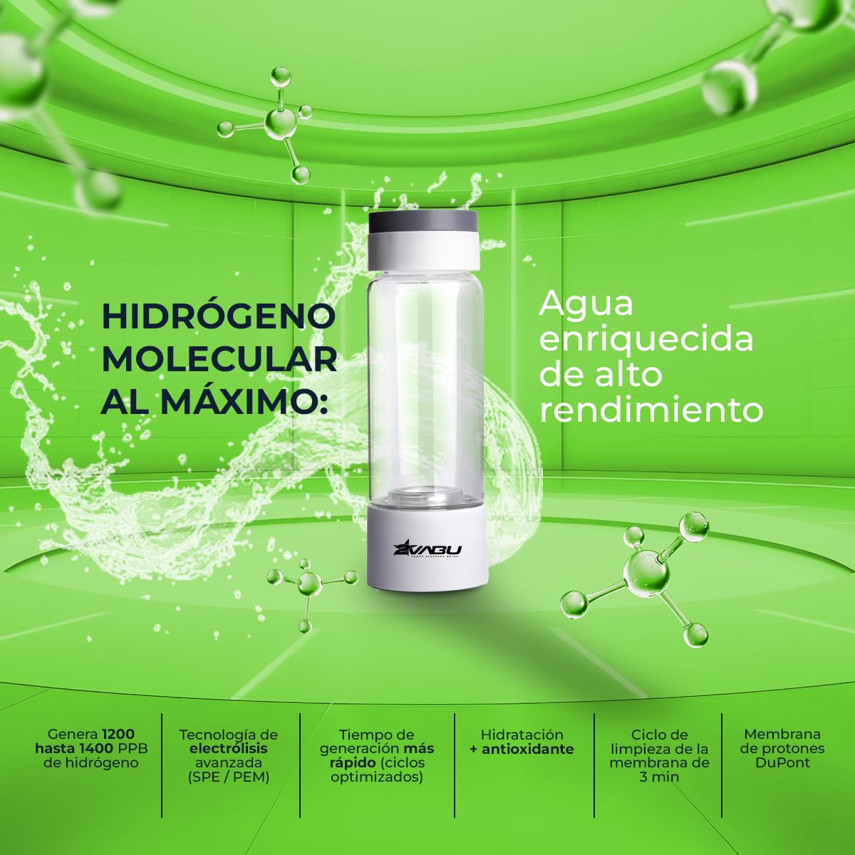 Botella de Agua Hidrogenada – 1400 PPB de Hidrógeno Molecular – Tecnología SPE/PEM de Alta Pureza – Incluye Funda Protectora - Auto limpieza Membrana - 400 ml (Molecular Sport)