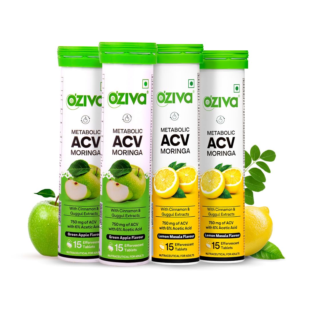 OZivaACV Moringa | Control Cravings I Apple Cider Vinegar, Cinnamon I No Maltodextrin & No Added Sugar I 15 Effervescent Lemon Masala & Green Apple, Pack of 4 (60 Tablets)