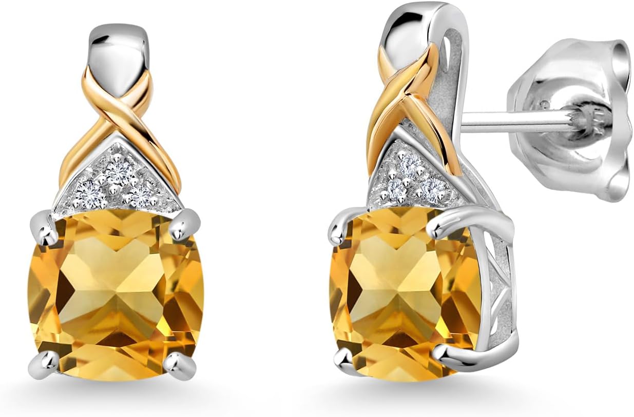 Gem Stone King Two-Tone Gemstone Birthstone Drop Earrings for Women | 925 Silver and 10K Yellow Gold | 6MM Cushion with Lab Grown Diamond Accents | Fine Jewelry Gifts