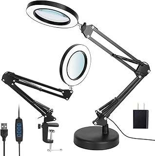 mandland Magnifying Glass with Light and Stand, 5X Real Glass 2-in-1 Desk Lamp & Clamp, 3 Color Modes Stepless Dimmable, LED Lighted Magnifier for Hobby Reading Crafts Repair Close Works