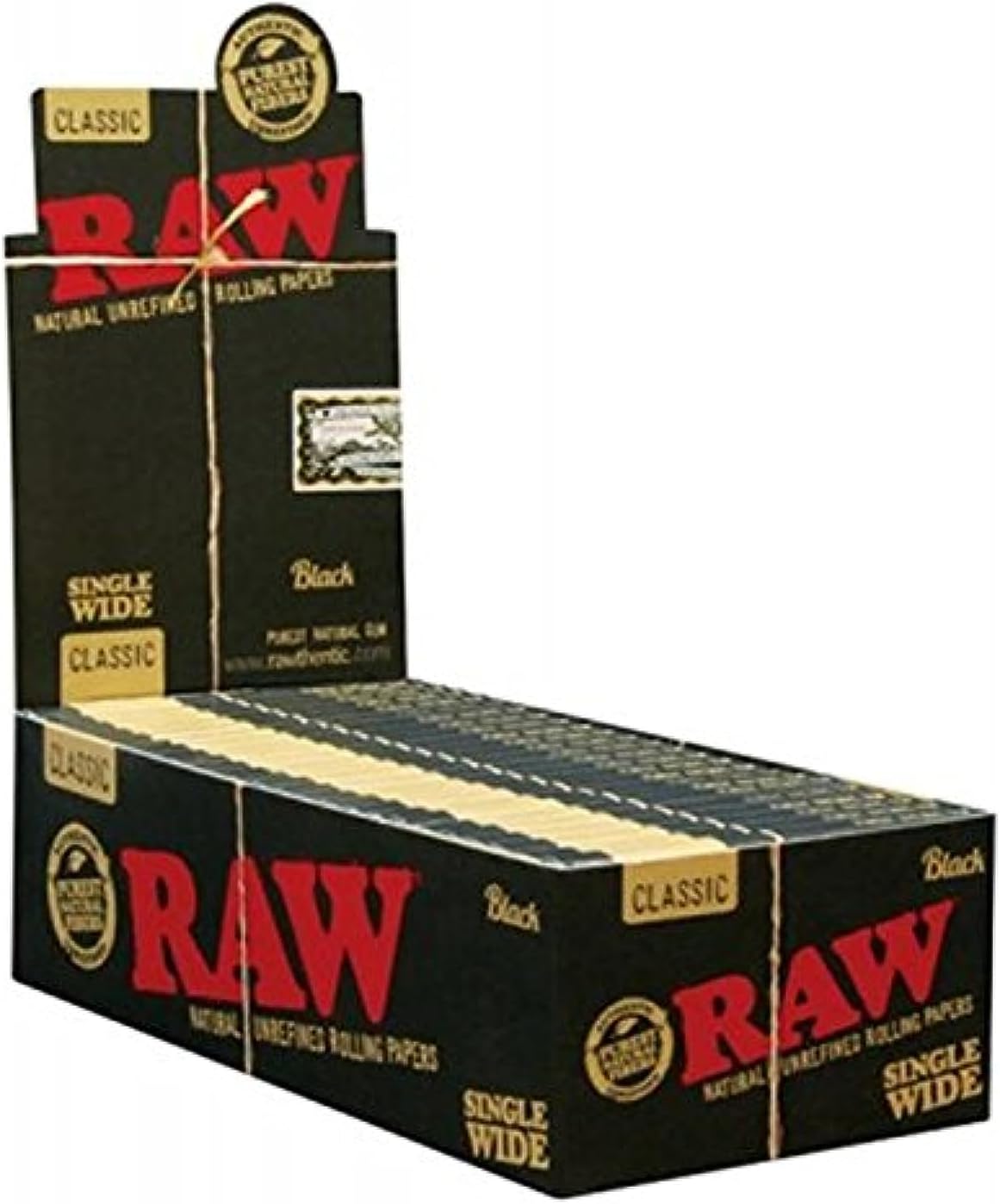RAW Black Classic Natural Unrefined Rolling Papers - Ultra Thin - 70mm Single Wide - Box of 50