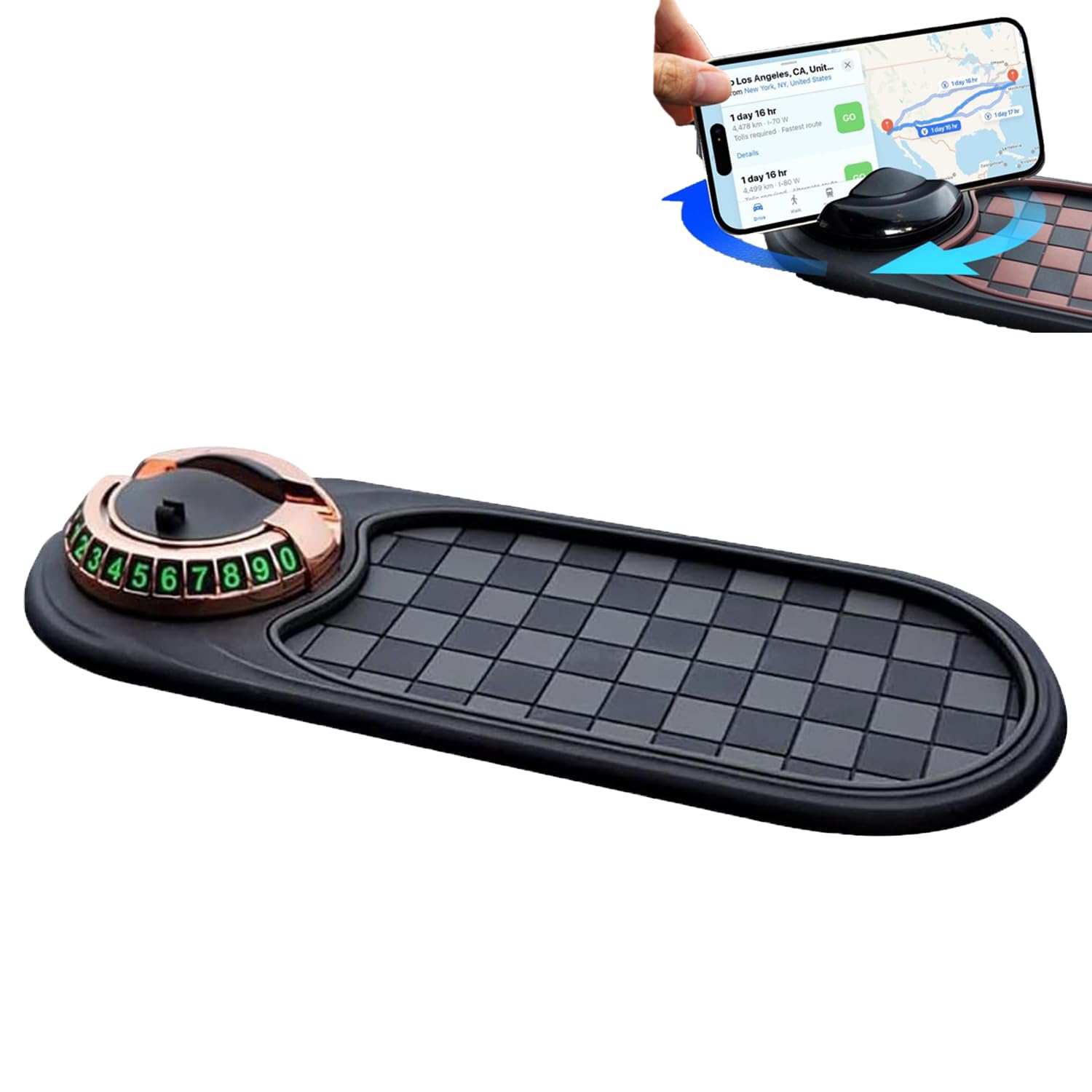 Multifunction Car Anti-Slip Mat,Car Dashboard Mobile Phone Holder,Rotatable Parking Number Plate and Storage Pad (Gray Grid+Gold Bracket)