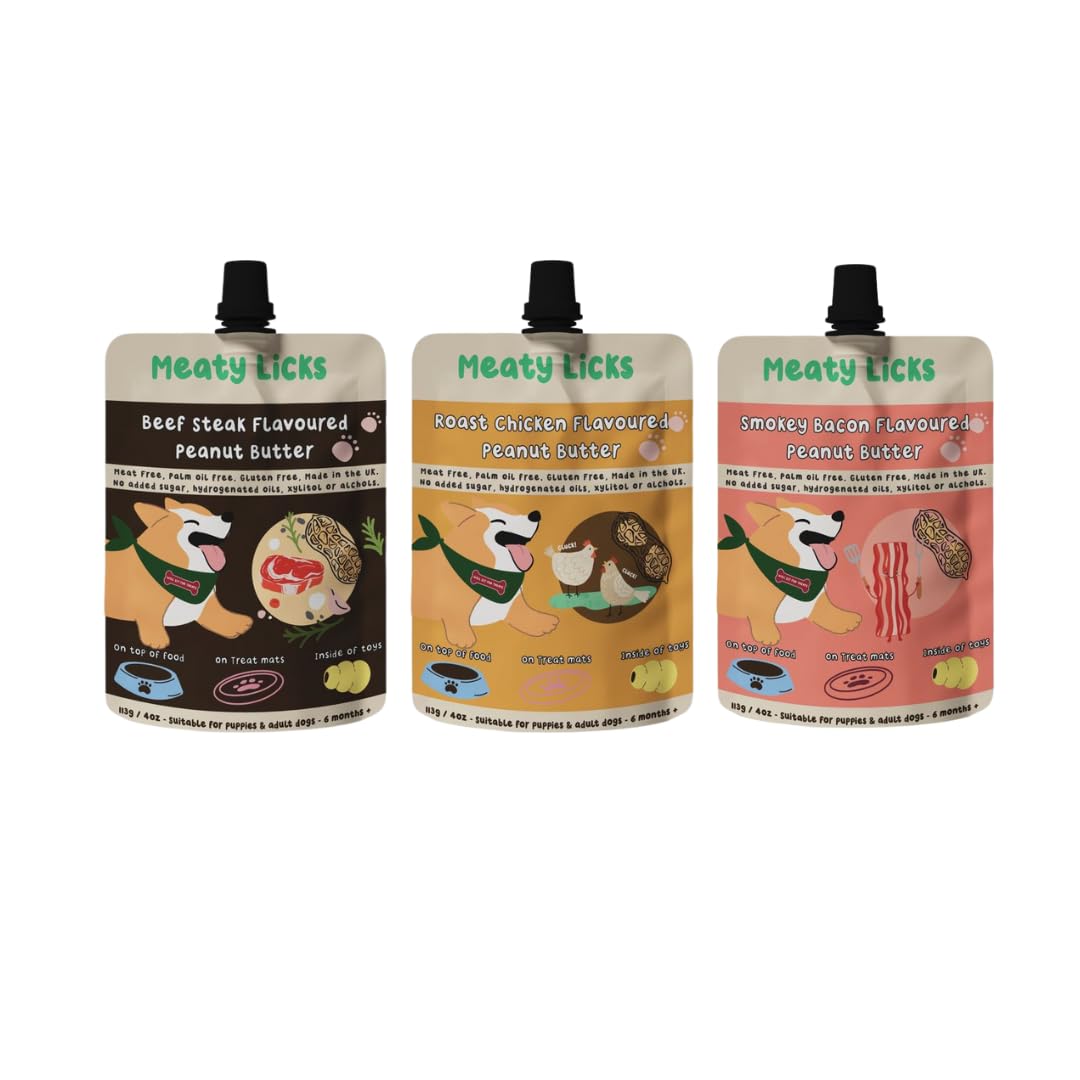 Meaty Licks Flavoured Peanut Butter for Dogs, 3 Varieties: Beef Steak, Roast Chicken, Smokey Bacon, 113g Each