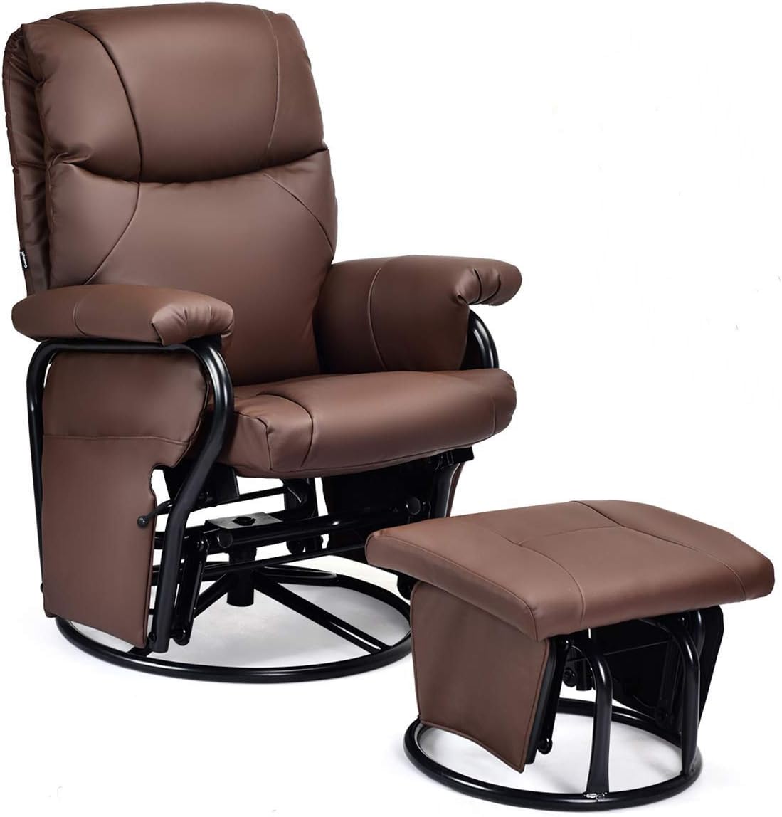 Giantex Glider Recliner with Ottoman, Swivel Glide Rocking Chair with Footrest Stool, 2 Massaging Zones & 4 Vibration Motors, PU Leather Lounge Armchair, 360 Swivel Overstuffed Padded Seat Chair