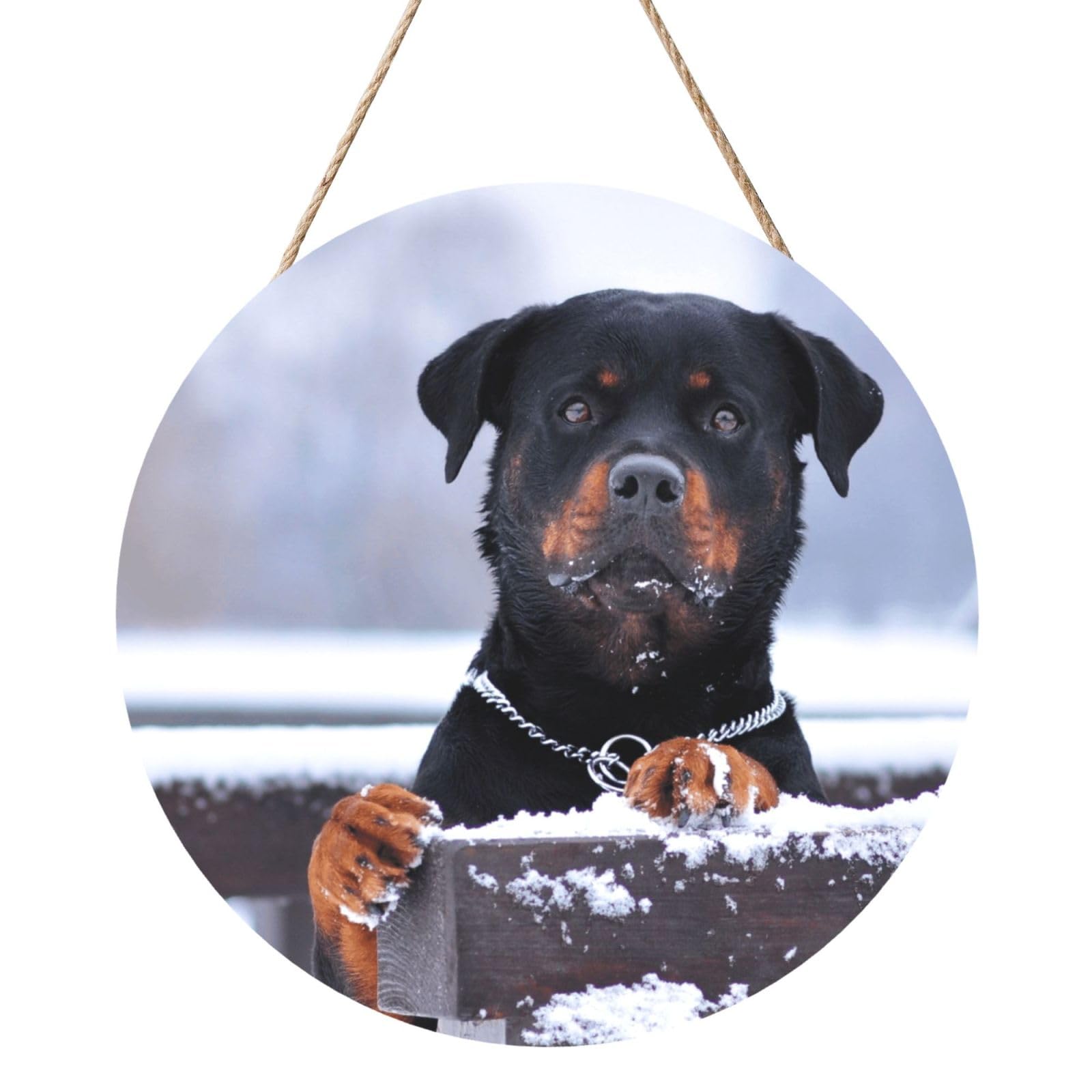 InOmak Rottweiler Dog Snow Collar Eyes, Round Wood Panel Painting 12 in, Wall Hanging Painting For Home