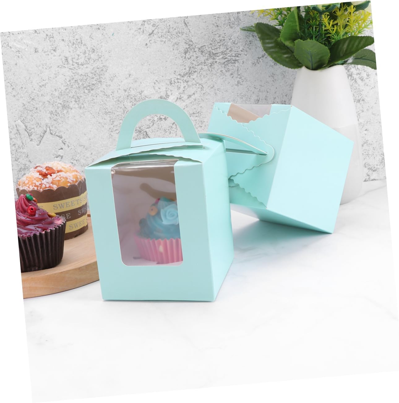 50pcs Kraft Paper Muffin Box Window Portable Cupcake Container for Storage for Parties and Events Safe Food-grade Material Blue Design