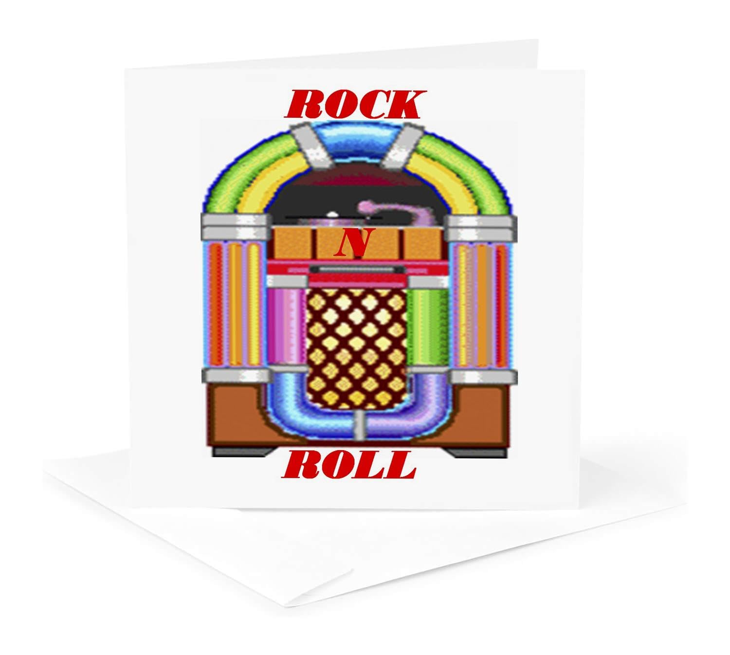 3dRose Colorful Retro Juke Box With Red Rock and Roll 1 Greeting Card with envelope