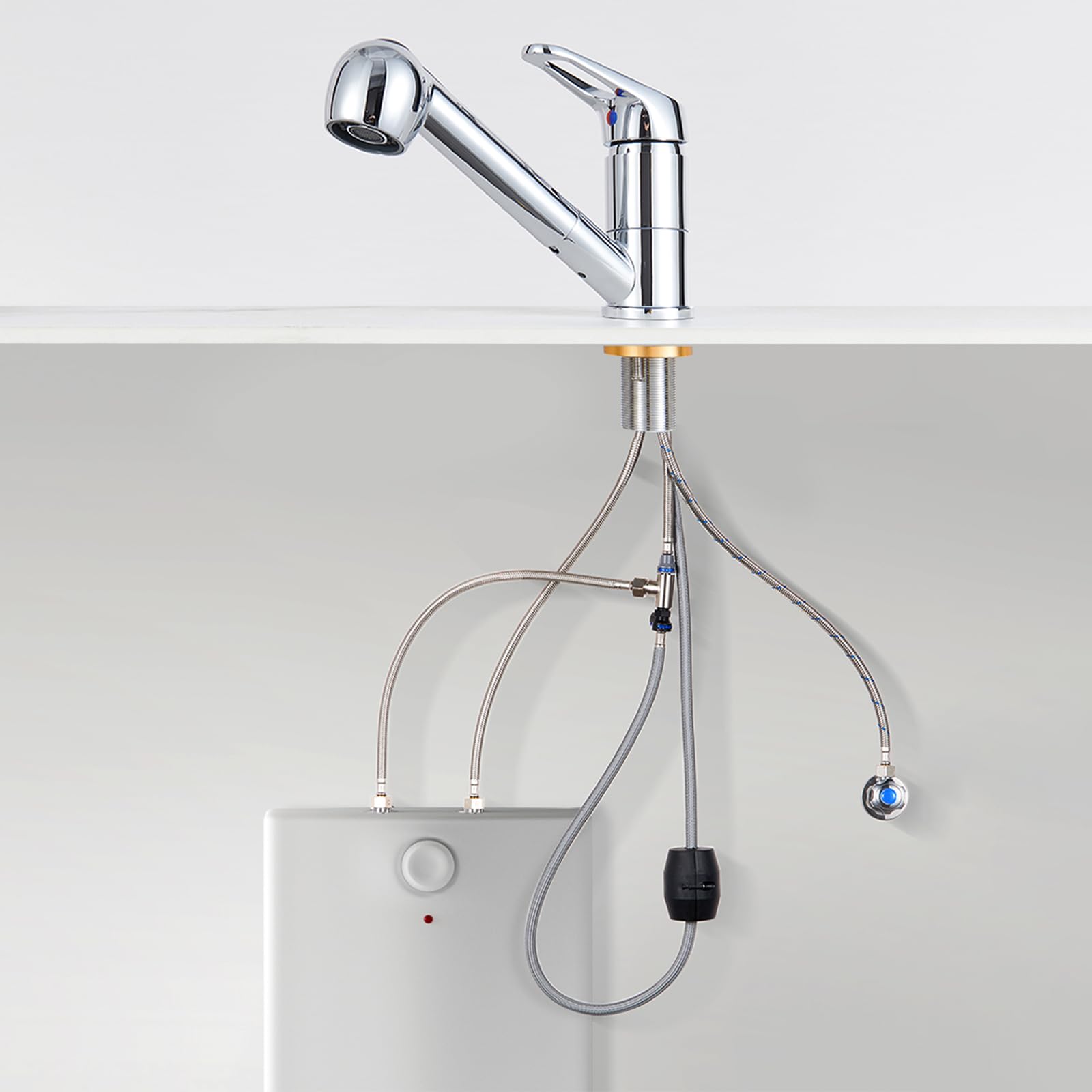 Auralum Niederdruck Armatur Küche, Wasserhahn Küche Ausziehbar, Küchenarmatur Niederdruck mit Brause Zwei Wasserstrahlarten, 360° Drehbar Mischbatterie Küche, Wasserhahn mit 3 anschluessen für Boiler
