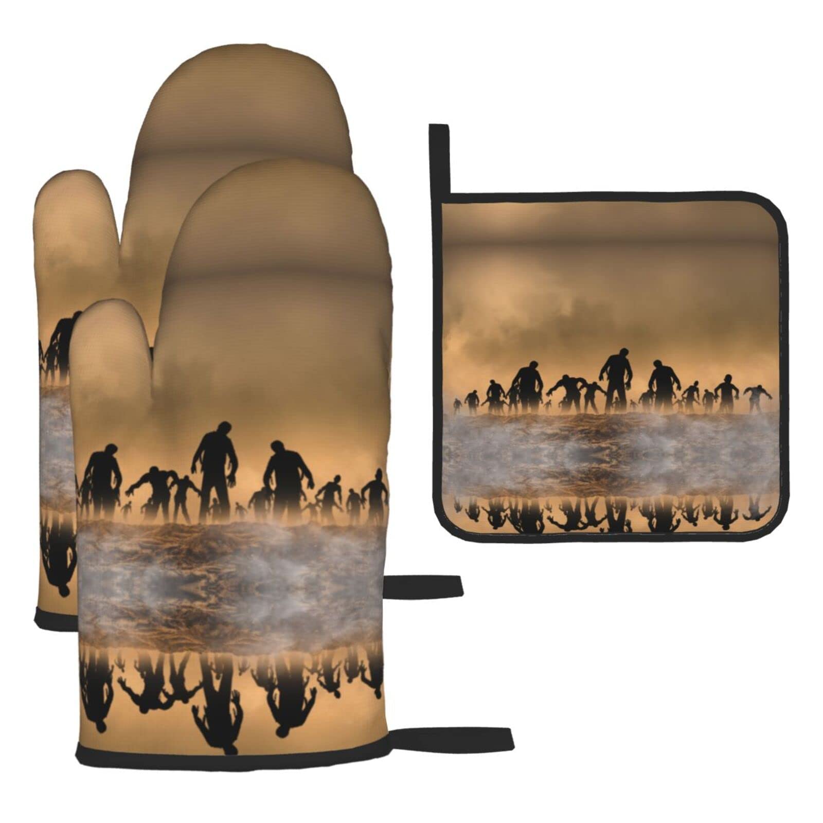 Many Zombie Oven Mitts and Pot Holder Kitchen Set for Grilling, Cooking, Baking, Heat Resistant