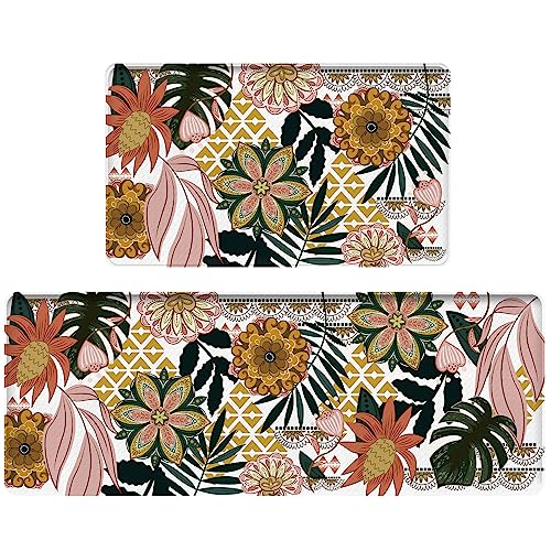 Bulijojo Boho Floral Anti Fatigue Kitchen Floor Mats Set of 2 Waterproof Kitchen Sink Runner Rug Standing Mat Cushioned Kitchen Rugs Comfort Doormat 17"x47"+17" x30“