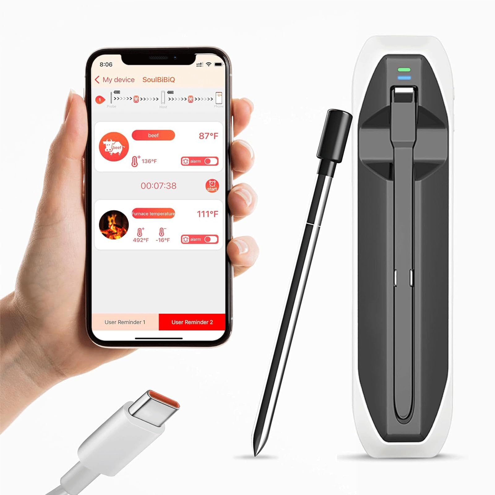 KRILLIQ Termómetro para Carne controlado por aplicación Bluetooth, termómetro para Barbacoa, termómetro LCD de Lectura instantánea Recargable para Parrilla y Cocina