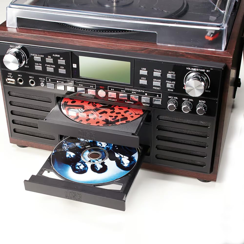 EUROtops Impianto musicale DAB+ con masterizzatore CD, giradischi e cassette | Bluetooth, registrazione USB, impianto compatto con 2 unità CD, impianto stereo, telecomando, grande display, impianto Hi-Fi