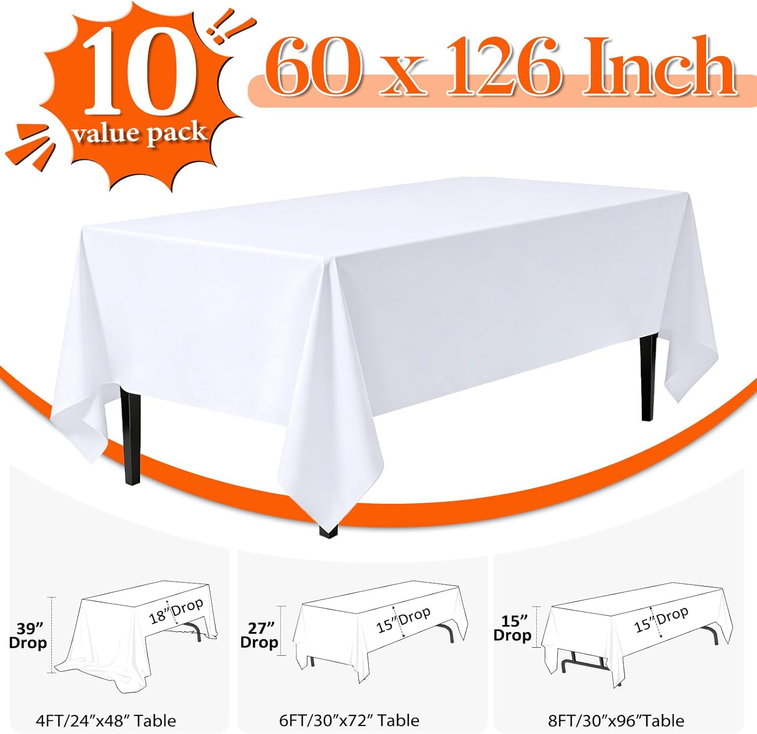 10 Pack White Table Cloth Rectangle 60x126 Inch Rectangular Tablecloths for 6 Foot Tables, Wrinkle Resistant Washable White Tablecloth Polyester Fabric Table Covers for Party Banquet Wedding Buffet
