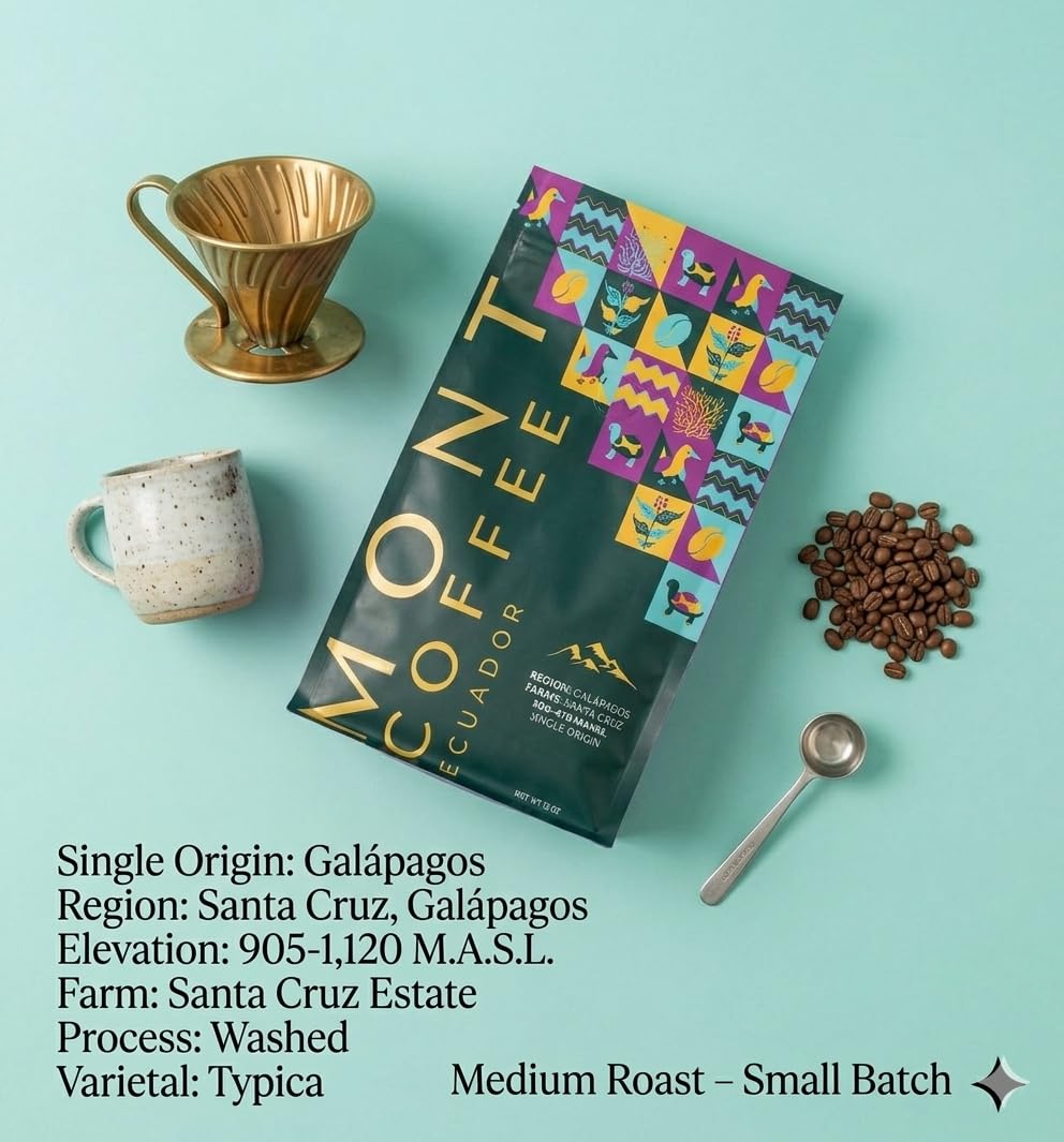 Mont Coffee Ecuador Single Origin Galapagos — Rare Volcanic Island Arabica Whole Bean Coffee, Hand-Harvested Santa Cruz Highlands, Medium Roast Specialty Grade, Small-Batch Fresh Roasted, 12 oz Bag