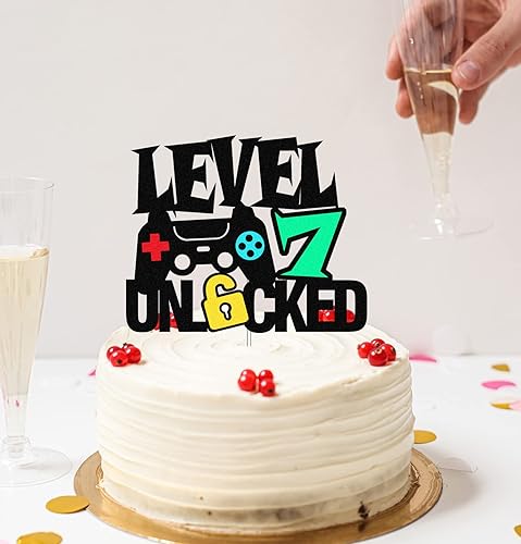 Miniatura 3 de Level 7th - Letrero desbloqueado para decoración de pastel de feliz 7 cumpleaños, decoración de pastel de nivel séptimo para controlador de