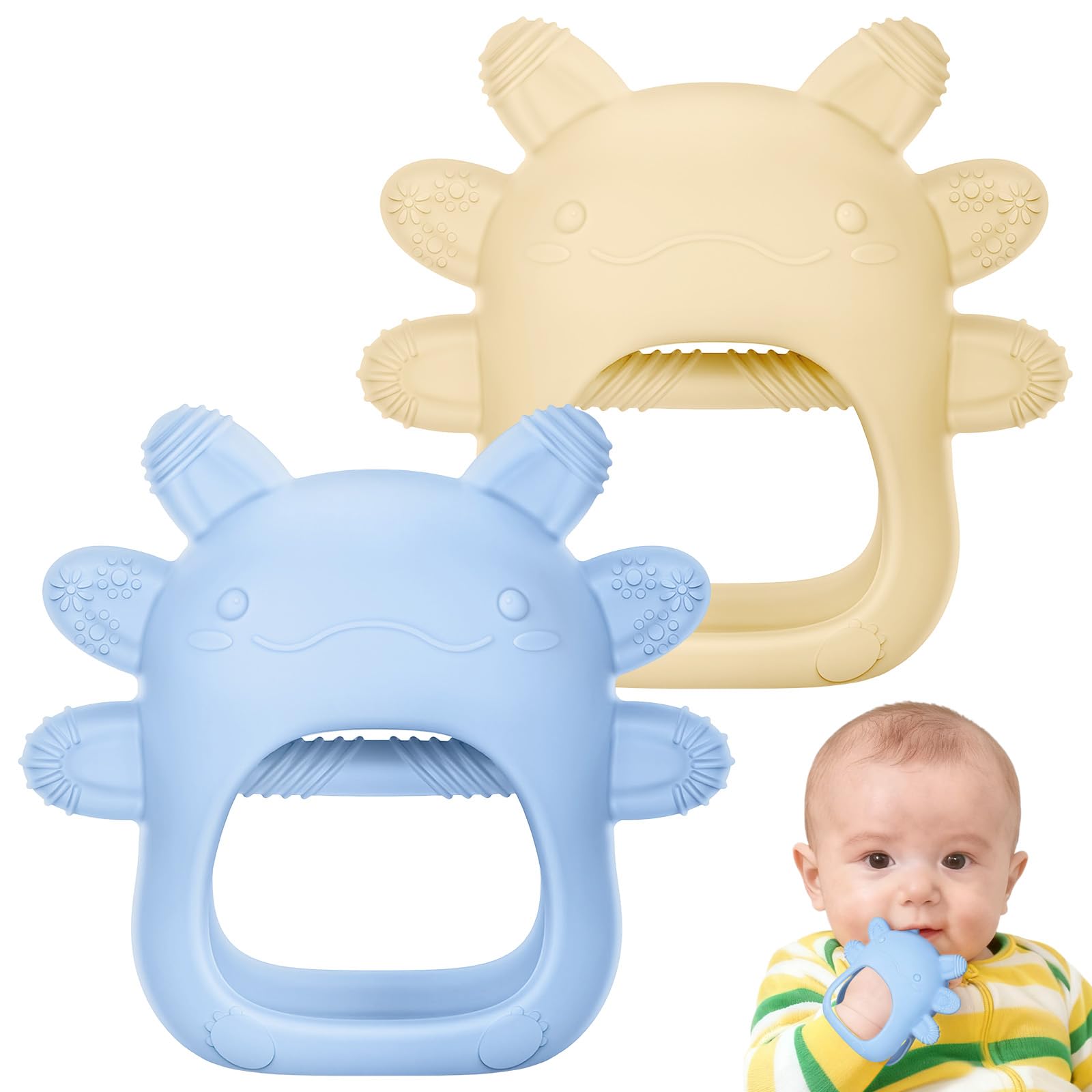 Vicloon Beißring Baby, 2 Stück Baby Spielzeug und Zahnungshilfe für 3 6 9 12 Monate, Beißhandschuhe, Beißrings aus Silikon BPA-Frei, Handschuhe Beißring Spielzeug(Blue/White)