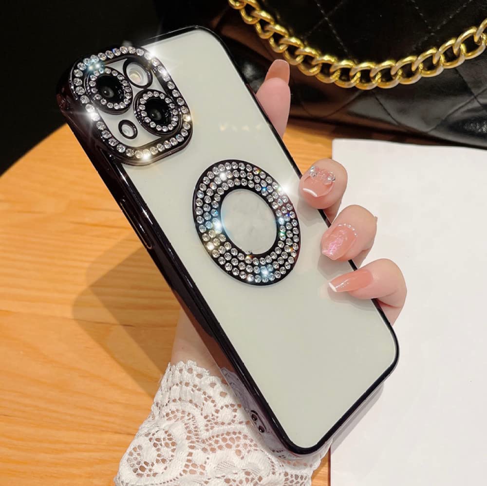 Coque iPhone 14 Pro Max luxe à paillettes transparentes et strass noirs chic