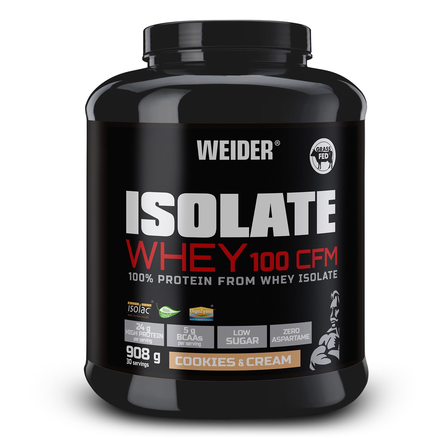 Weider Isolate Whey 100 CFM (908g) Cookie & Cream Flavour. Protein Powder with 25g Proteins and 5g BCAAs per Serving. Low Sugar. Aspartame-Free.