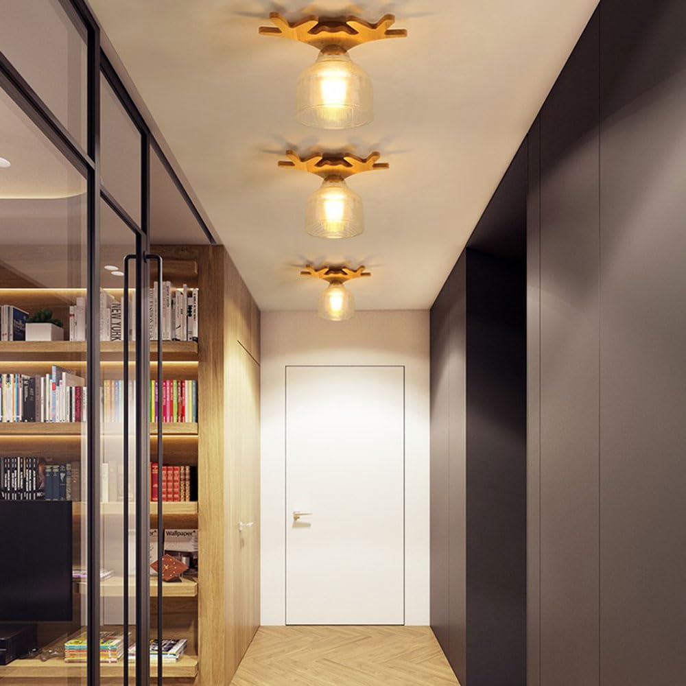 Japońska lampa sufitowa ganek ze szklanym kloszem, półwpuszczana lampa sufitowa drewniana oprawa łatwa w instalacji żyrandol dekoracja korytarza dekoracja domu