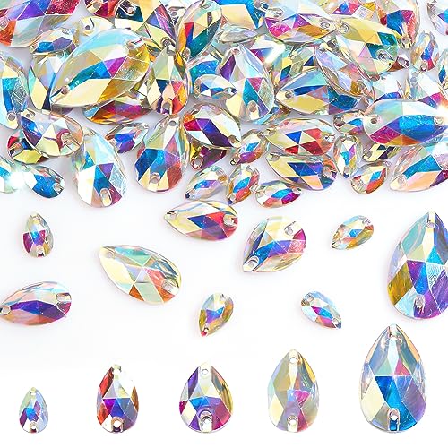 AHANDMAKER 75 Pcs Resin Sew On Rhinestones, 5 Sizes Crystal AB Flatback Teardrop Sewing Rhinestones