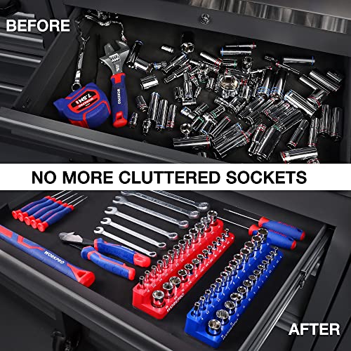 Image of WORKPRO 1 /4-inch Magnetic Socket Organizer Set, 2-Piece SAE & Metric Socket Holders, Holds 52 Standard and Deep Sockets for Tool Box, Tool Carts (Sockets Not Included)