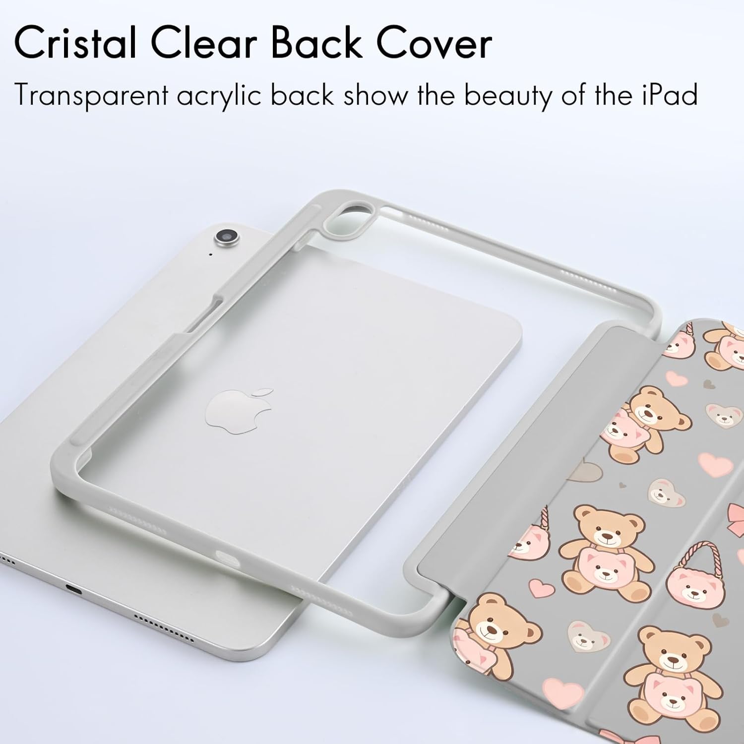 MAYCARI Cute Teddy Bear Pink Bows Case for iPad Pro 12.9 Inch 2018, iPad Pro 12.9" 3rd Generation Case with Pencil Holder, Slim Hard Clear Acrylic Back Cover Cute Designs, Auto Sleep/Wake Shell