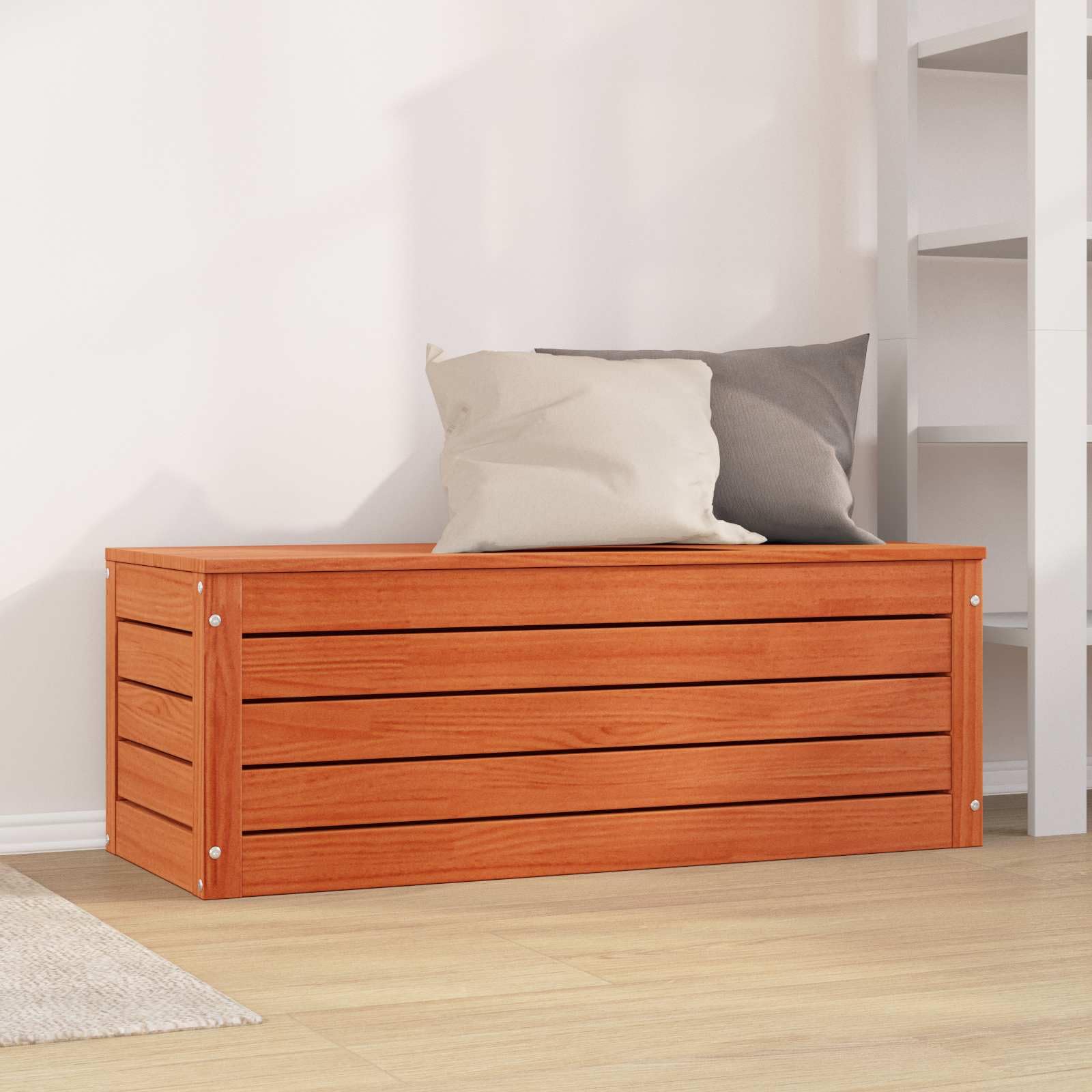 Aufbewahrungsbox aus Massivholz 89x36,5x33 cm Holzkiste mit Tür und Scharnieren robuste Lagerbox Kiefernholz Truhe für Wohnzimmer Flur und Büro Wachsbraun