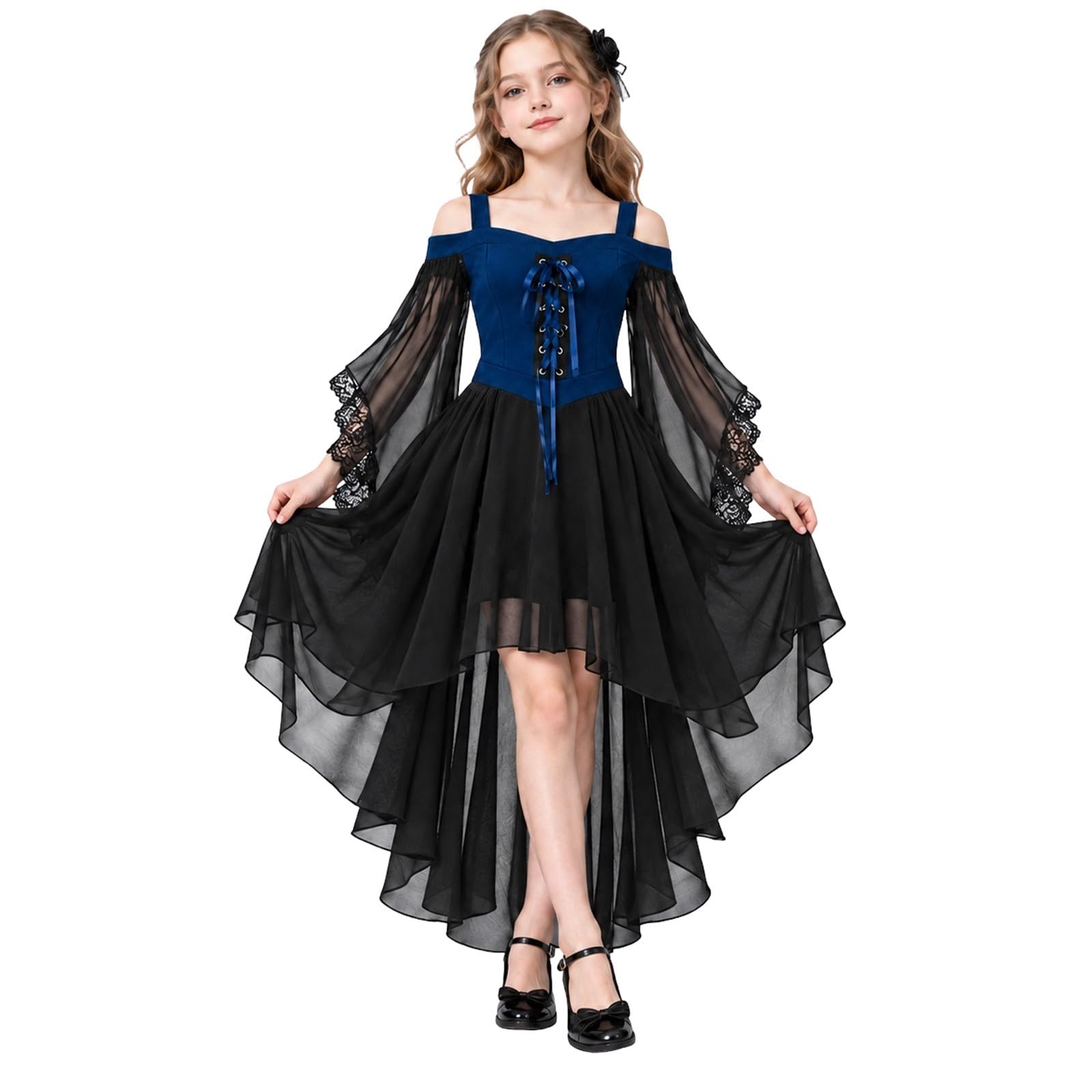 Girls Gothic Fancy Dress Costume Kids Halloween Witch Cosplay Outfit, Off Shoulder Lace Up Chiffon High LowSteampunk Dress with FlareSleeves for 7 8 9 10 11 12 13 Years (Blue, 9-10 Years)