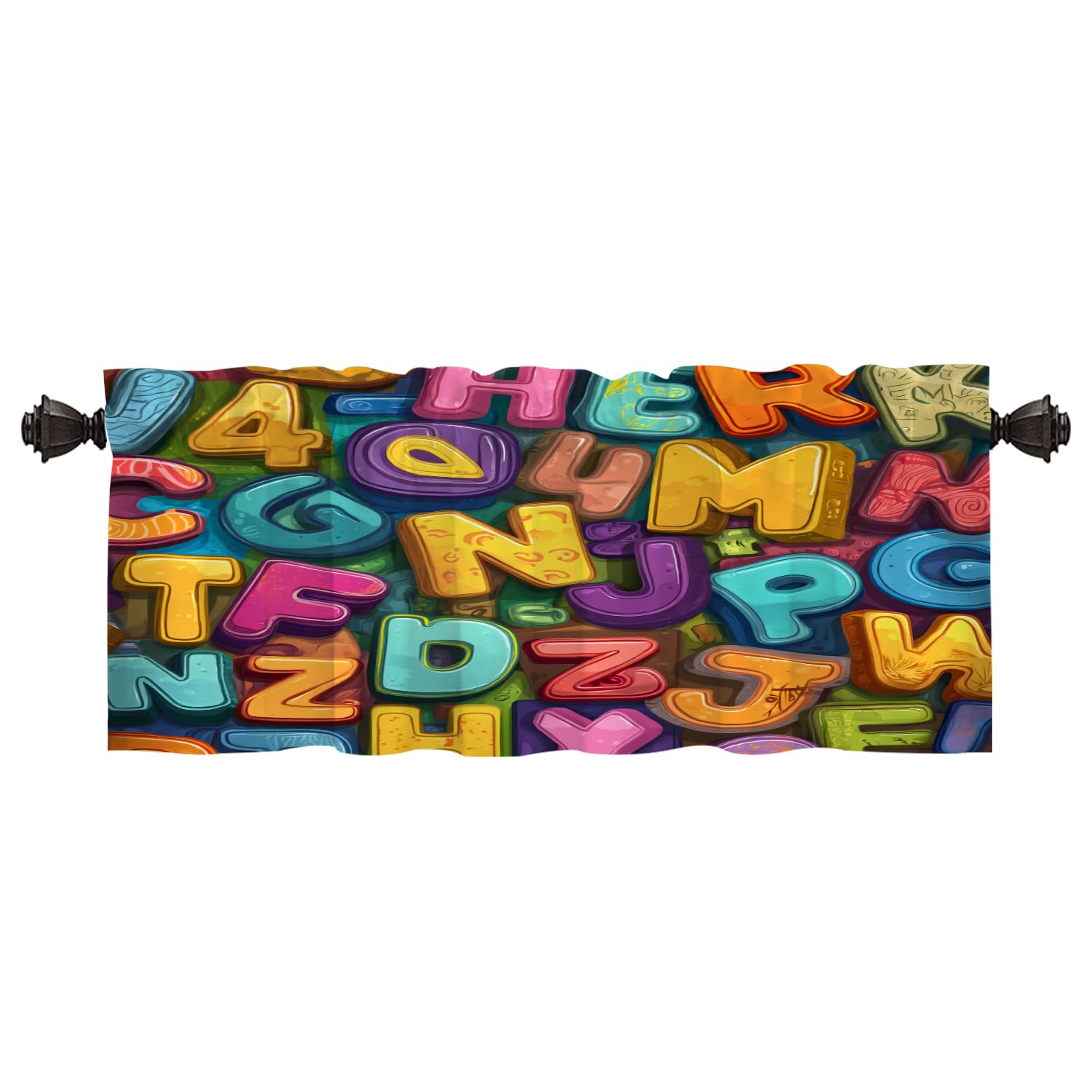Batmerry Colorful Alphabet Kids Learning Aid Kitchen Curtains, Fun Typography Letter Art Window Treatments Blackout Valance Curtain for Living Room/Bathroom, 52X18 Inches