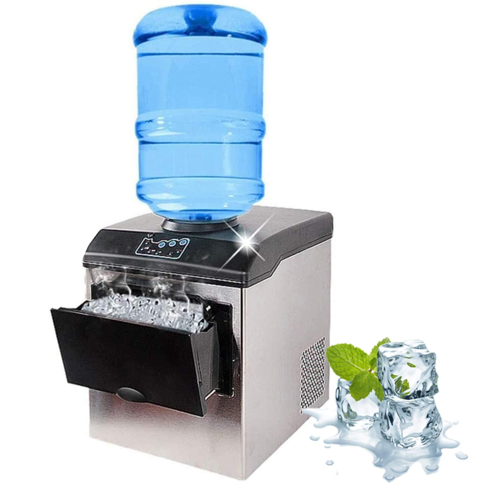 Machine à glaçons commerciale, machine à glaçons rapide en 12 minutes, 25 kg par 24 heures, faible consommation d'énergie, haute efficacité, entrée d'eau en bouteille et ajout d'eau manuel,Silver