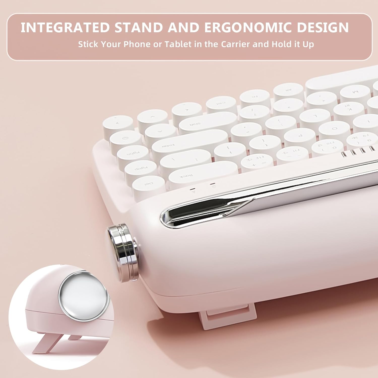 YUNZII Upgraded Wireless Typewriter Keyboard, Retro Aesthetic with Integrated Stand,Cute Round Keycaps, USB-C/Bluetooth Connection for Table, Phone, PC and Win/Mac/Android (B307, Baby Pink) - Image 4