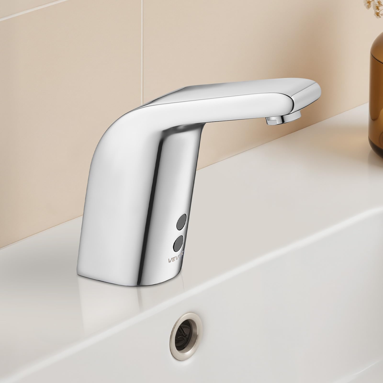 VEVOR Grifo de Lavabo sin Contacto, de Latón, Grifo Automático para Inodoro de Agua Fría con Un Solo Orificio, a Pilas con Sensor, Alcance 16 cm, Cromado Plateado, 90 x 62 x 150 mm, 7,6 L/min