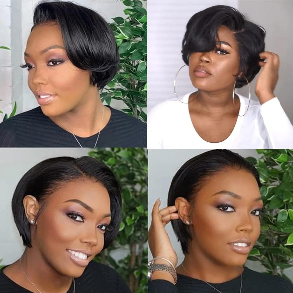 Breve Straight Bob 13x4 Pizzo Front Wigs Human Hair, Pixie Cut parrucca corta liscia capelli umani parrucca 150% densità Pre Plucked Wigs nera