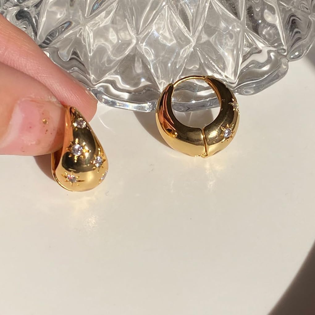 Chunky CZ Star Hoop Earrings for Women Vintage Thick Rhinestone Star Small Huggie Earrings Minimalist Crystal Cuff Hoop Earrings Wedding Accessories - Image 6