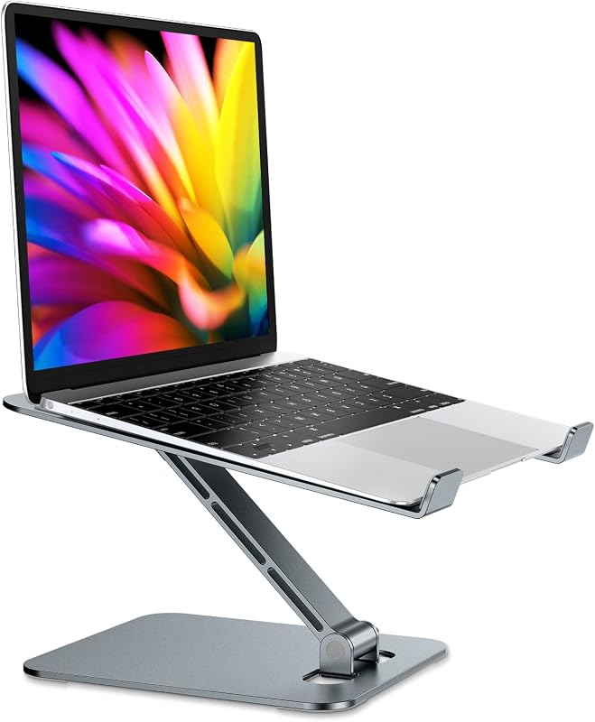 Soporte portátil plegable de aleación de aluminio RIWUCT para escritorio, soporte de computadora ergonómico ajustable en altura, soporte de impresora portátil con soporte vertical compatible con MacBook Pro Air/HP/Dell 10-16", gris