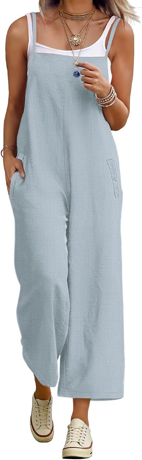 YESNO Women Casual Cotton Wide Leg Jumpsuits Baggy Cropped Rompers Overalls with Pocket PZS