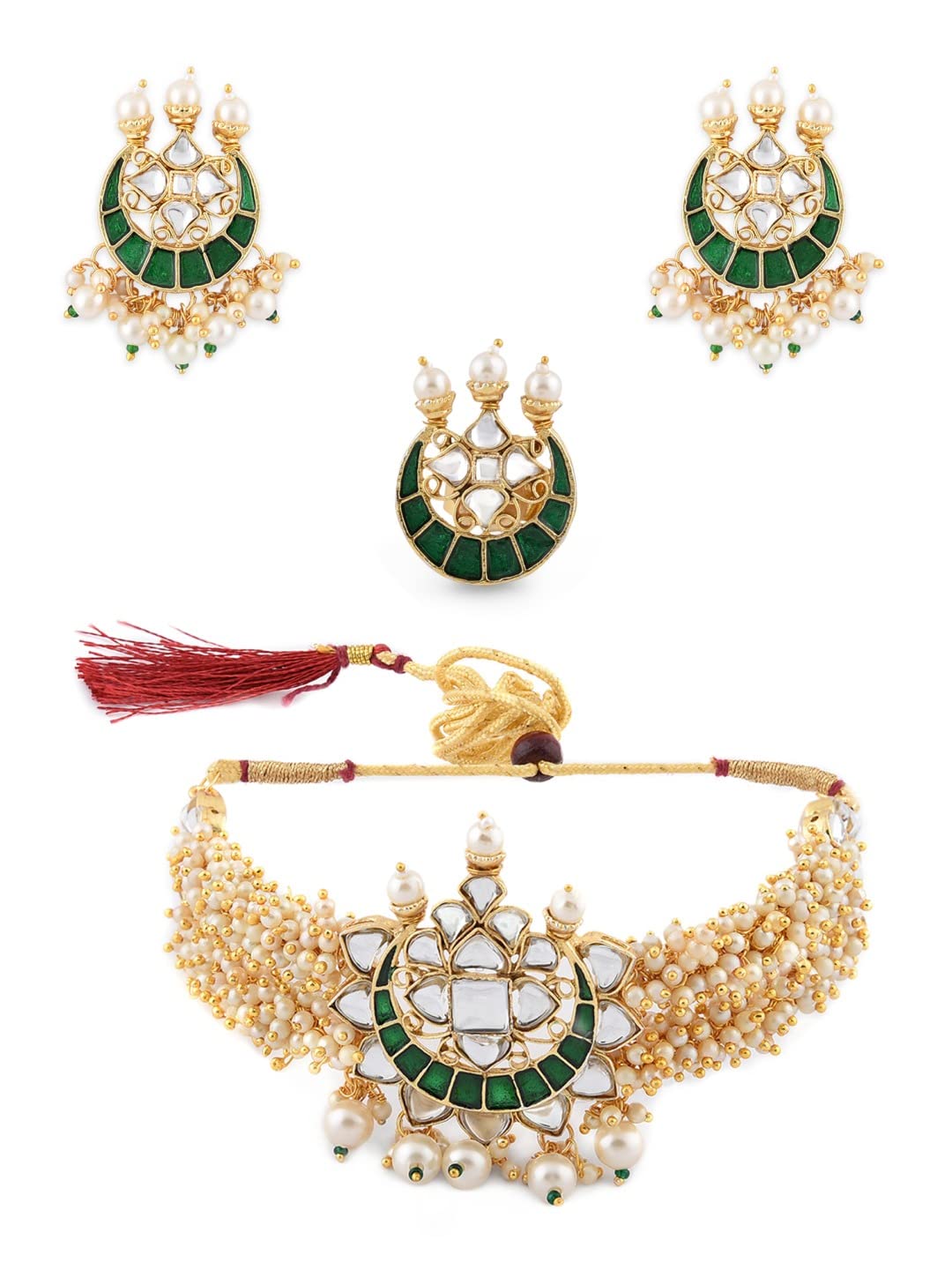 ZAVERI PEARLS Green Cluster Pearl Multistrand Choker Necklace Earring & Ring Set For Women-ZPFK11458 (B09MKN449D) Amazon Price History, Amazon Price Tracker
