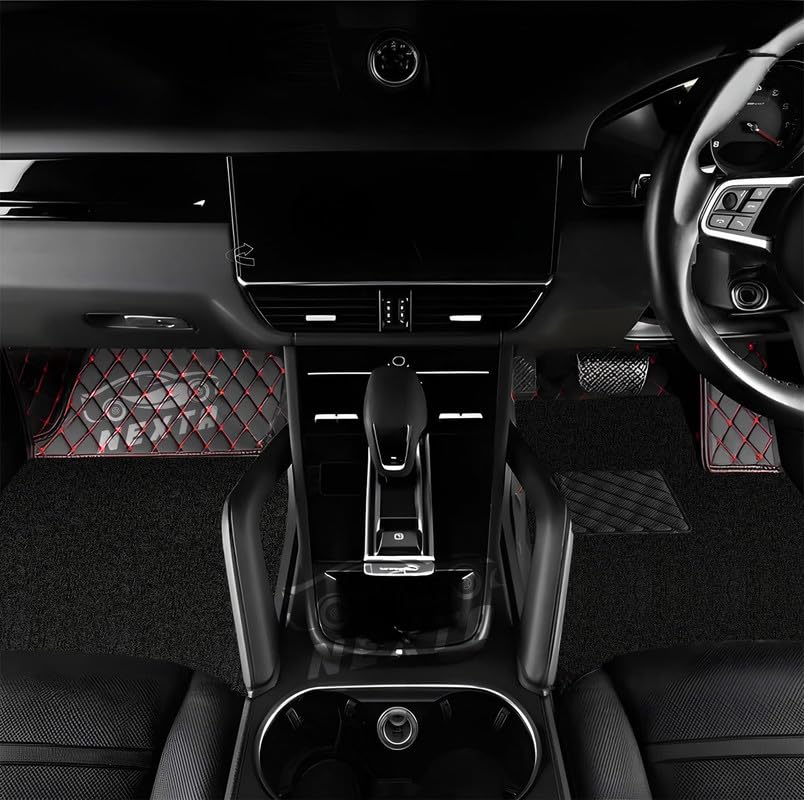 Image of NEXTA Premium Faux Leather 7D Car Floor Mats for Tata Hexa 7 Seater|| Luxury Leather with Grass Mat Complete Set || 100% Waterproof and Washable (Color Black & Red)