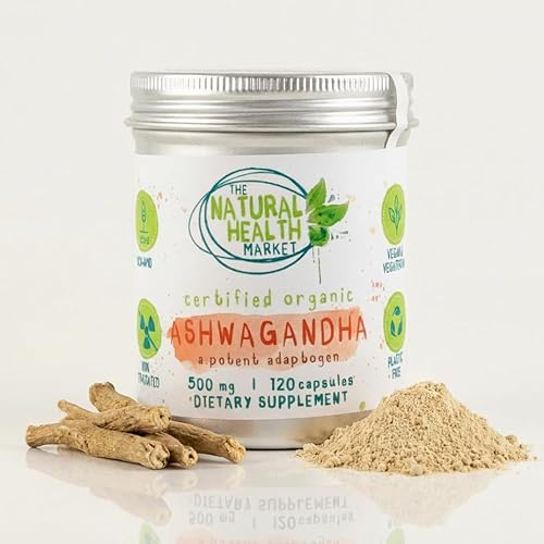 The Natural Health Market Organic Ashwagandha Capsules 500mg | High Strength Ashwagandha Root Extract | Soil Association Certified | Vegan Adaptogen Herbal Supplement | 120 Capsules | Made in The UK