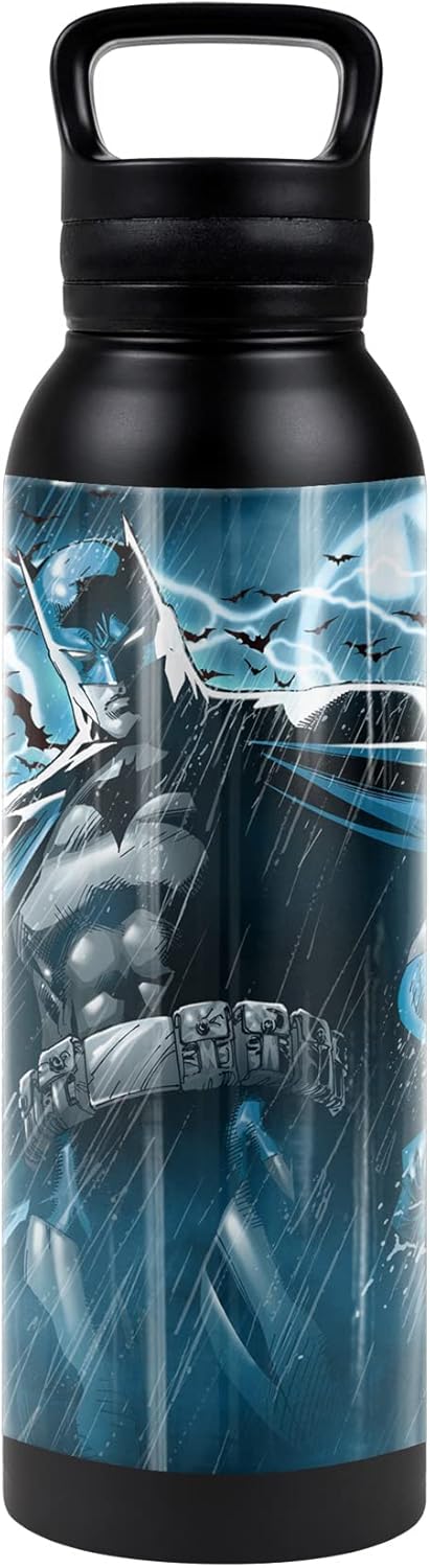 Batman OFFICIAL Stormy Knight 24 oz Insulated Canteen Water Bottle, Leak Resistant, Vacuum Insulated Stainless Steel with Loop Cap, Black