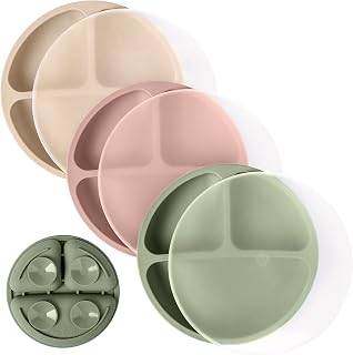 WeeSprout Silicone Suction Plates with Lids for Babies & Toddlers - Divided, Mess-Free, Microwave & Dishwasher Safe, 3 Pack