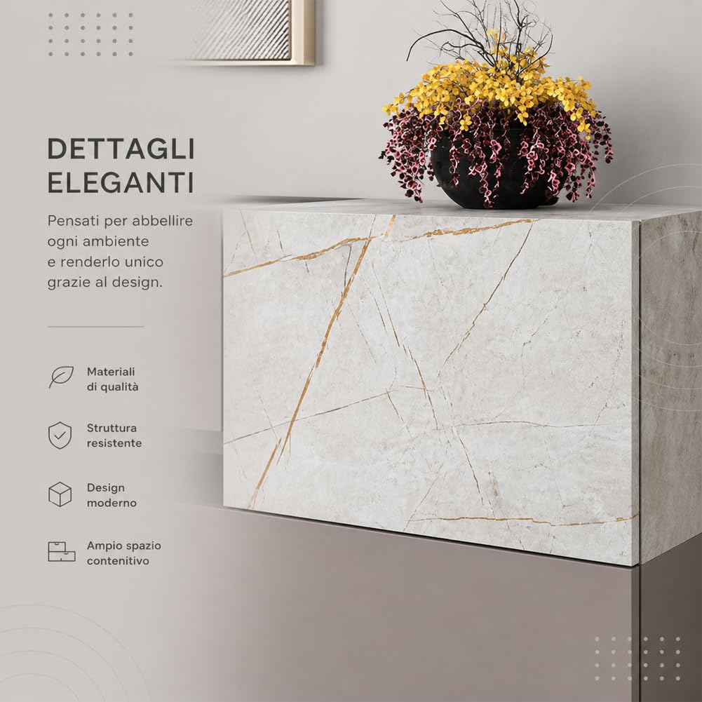 Shally Dogan Madia Consolle Design Moderno da Ingresso, Camera da Letto, Soggiorno, Ufficio, 2 Ante e 2 Cassetti, Mobiletto Salvaspazio, Chiusura Soft Close, 145 x 40 x 82 cm (Tortora e Marmo Bianco)