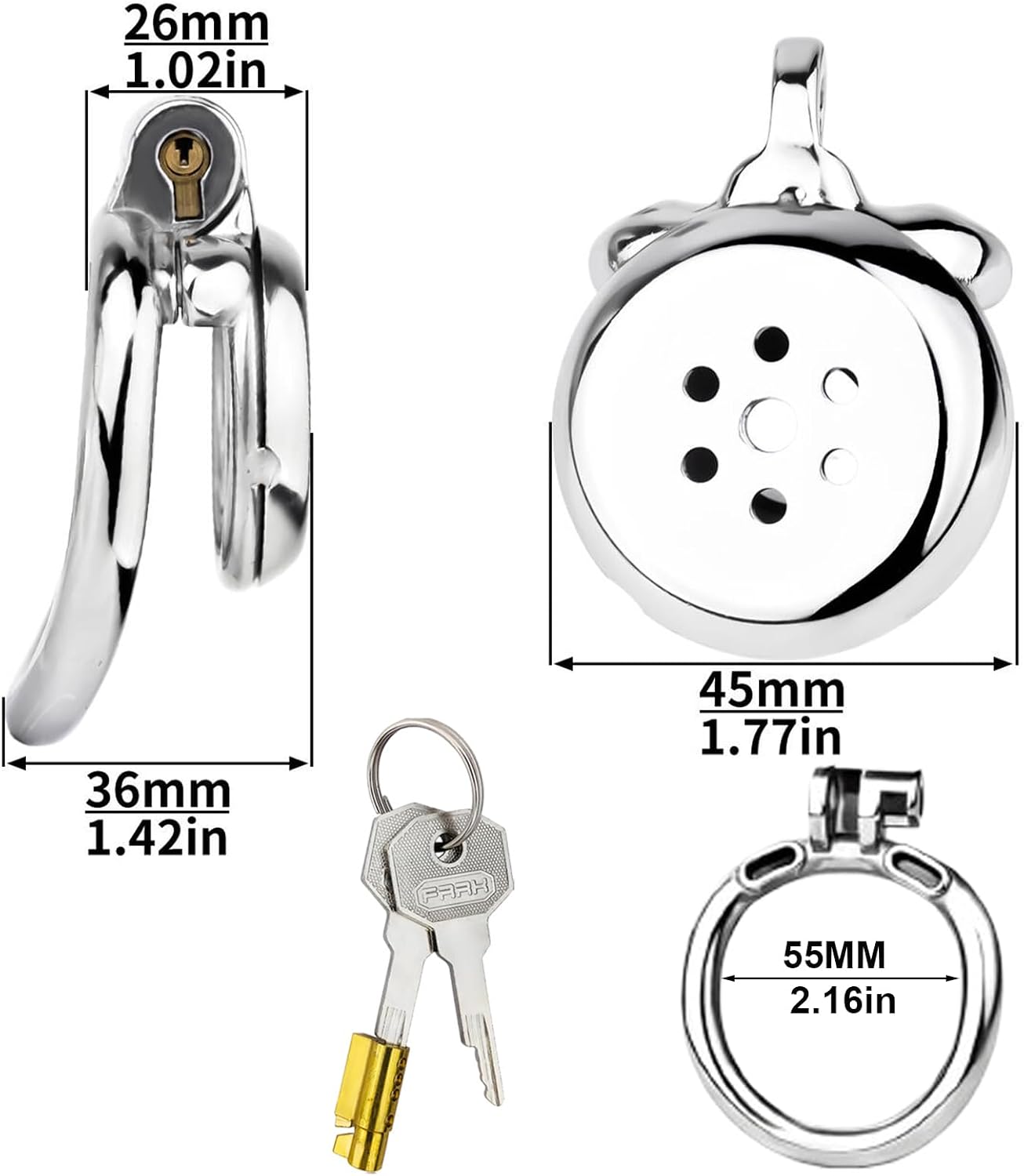 Strap On Male Flat Chastity Cage Stainless Steel Chastity Device Cage - BDSM Harness Bondage Cock Cage Penis Lock Device Cages Adult Men Sex Toy (55MM Ring)