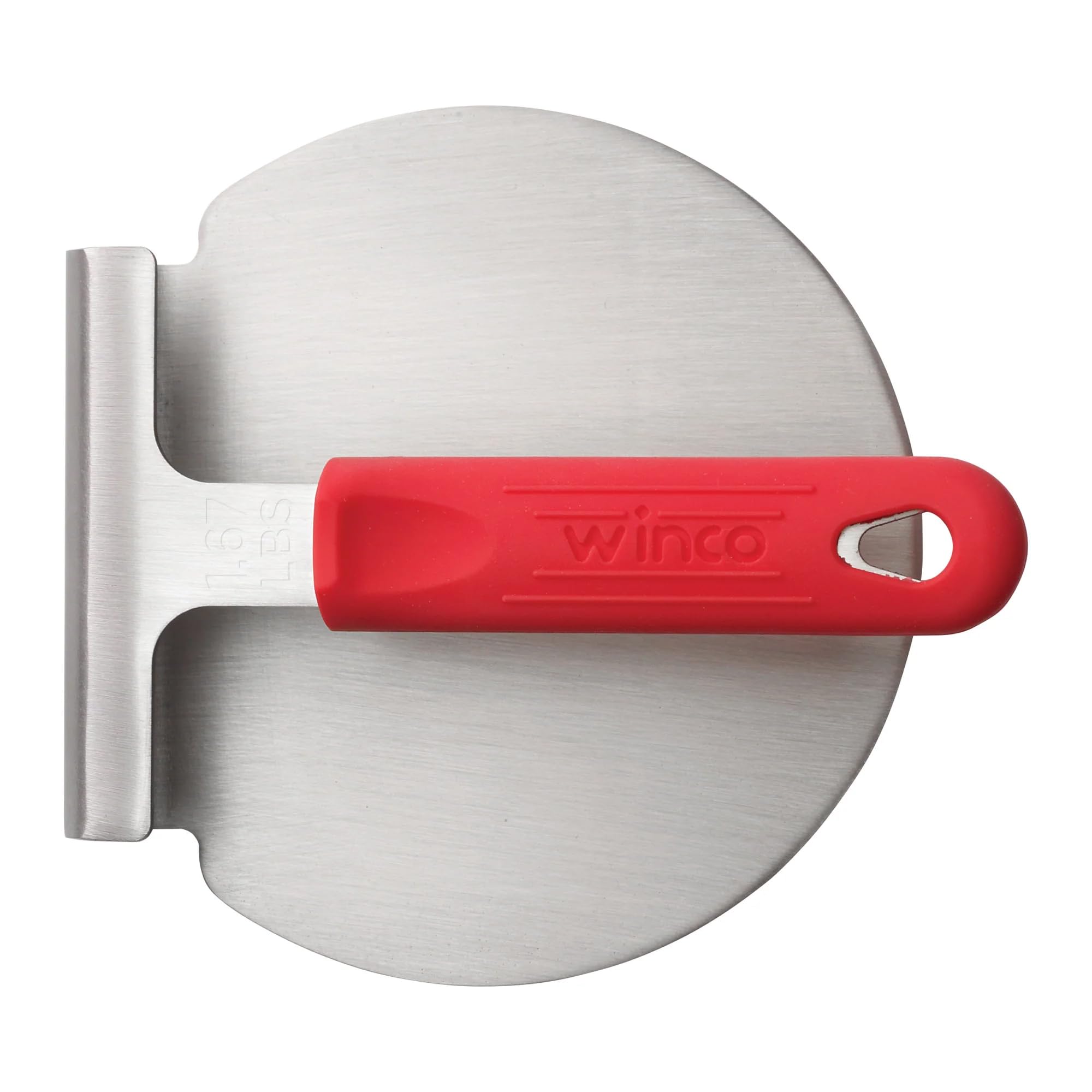 Winco SWS-6 One-Piece 18/8 Stainless Steel Smashed Burger Press with Red Silicone Sleeve